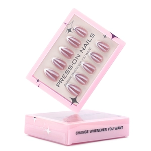 Pinkish purple gradient press-on nails with white French tips in two display boxes