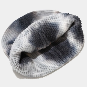 Unisex tie-dye rib-knit beanie with black and grey gradient pattern for outdoor warmth