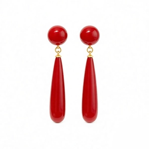 Elegant red resin teardrop earrings with gold rings and polished mirror finish surface