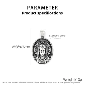 Macro detail of Virgin Mary pendant in stainless steel with 36x26mm size marking