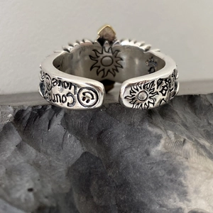Vintage silver angel wing cross open ring with gold spike and engraved lettering