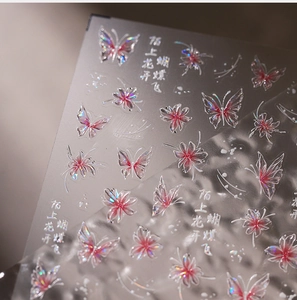 Detailed macro view of 5D embossed nail stickers featuring iridescent laser butterflies
