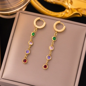 Gold long drop earrings with four vibrant round colorful gemstones in a vintage set