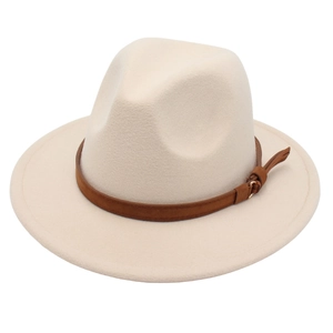 Classic cream wool fedora hat with brown leather belt buckle and gold fringe detail