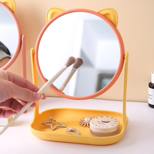 Desktop Makeup Mirror Plastic Glass Rotating Vanity Mirror With Storage Tray Base Cute Animal Ears Girly Style