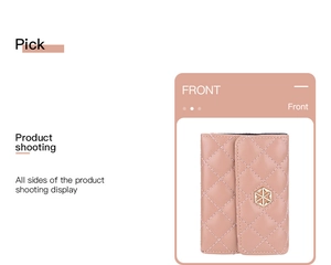 Front view of pink PU leather card holder with quilted texture and gold geometric buckle