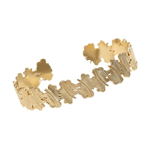 Golden titanium steel open bangle featuring elegant leaf textures and a minimalist design