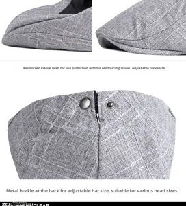 Détails de la boucle métallique réglable et du tissu à carreaux gris de la casquette plate