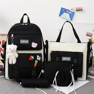 5-piece set canvas school backpack for women with large capacity and cartoon bear pendant