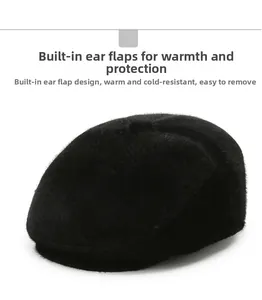Detail view of winter flat cap with built-in ear flaps and thick black plush lining