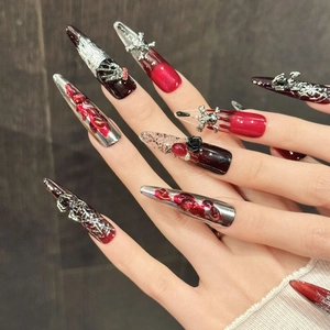 Gothic long stiletto press-on nails with red black skull and 3D rose designs