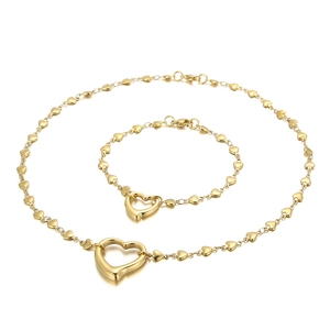 Elegant gold heart link jewelry set with a hollow pendant necklace and matching bracelet