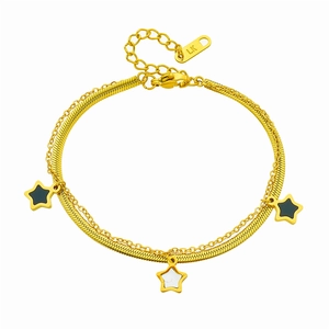 Double-layered gold titanium chain bracelet with black and white star pendants on white background