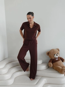Women's Casual Cotton Knit Jacquard V-Neck Short Sleeve Top And Bottom Set Fashion Streetwear High Waist Wide Leg Straight Pants Loungewear