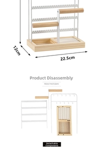 Detailed view of detachable white metal jewelry stand with wooden base and dimensions