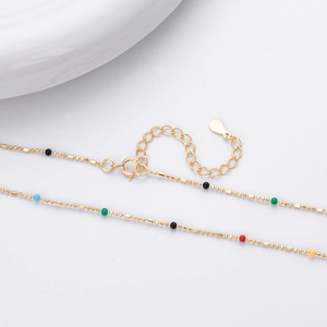 Minimalist S925 sterling silver rainbow bead necklace in gold finish with colorful charms