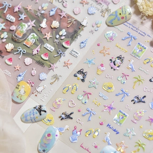 Embossed summer nail stickers featuring cute cats, beach palms, and sea shell patterns