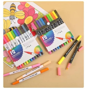 Detailed top view of 12-color dual-tip watercolor markers set with a coloring illustration