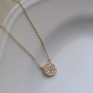 French minimalist S925 silver necklace with 14k gold round pendant and pavé zircons