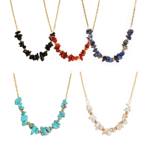 Bohemian colorful natural stone pendant necklaces with gold beads on stainless steel chain