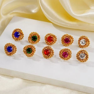 Vintage style rose zircon 18K gold earrings set with colorful gemstones on yellow silk