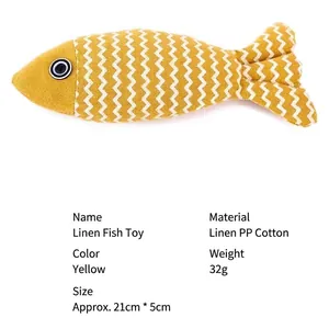 Linen yellow fish cat toy with PP cotton filling and white zigzag texture, 21x9x5cm