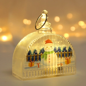 Macro detail of a Christmas LED lantern featuring snowman prints and warm yellow light