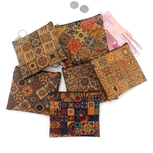 Set of 6 vintage cork-style coin purses with mosaic print and metal keychains