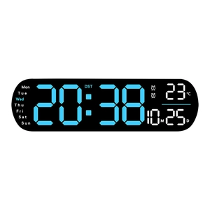 Wall-mounted LED digital clock with large blue display showing time, date, and temperature
