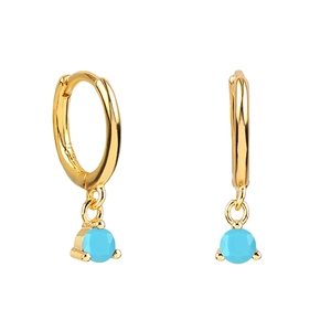 Detail of S925 sterling silver gold hoop earring featuring a round turquoise stone drop