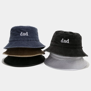 Washed cotton bucket hats with 'dad' embroidery in multiple colors for sun protection