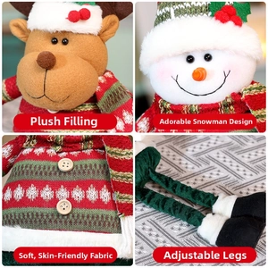 Detailed views of telescopic reindeer and snowman plush with knitted fabric and wood buttons