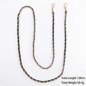 Black leather and gold chain crossbody strap with lobster clasps, length 120cm