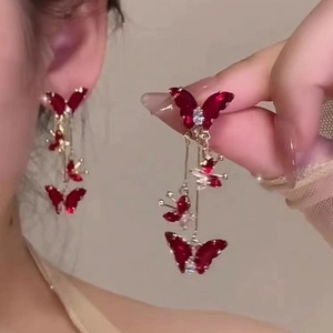 Butterfly Tassel Drop Earrings Alloy Rhinestone Red Crystal Long Dangle Elegant Fashion Jewelry For Women