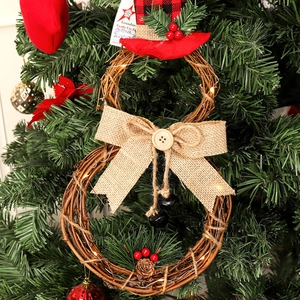 Christmas snowman rattan wreath with warm LED lights and pine cone decor for home hanging