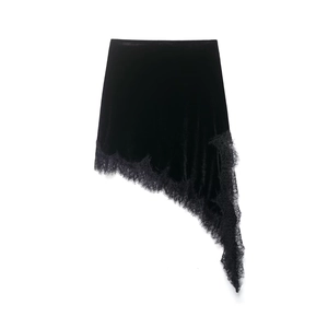 Women's black velvet midi skirt featuring asymmetric lace hem and irregular patchwork design