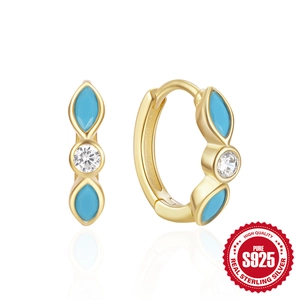 925 Sterling Silver hoop earrings with turquoise stones and zircons on white background