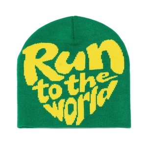 Green knitted beanie with yellow Run to the World jacquard text in American retro style
