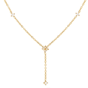 Elegant gold Y-shaped stainless steel necklace with sparkling zircon flower pendants