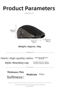 Size guide for washed denim ivy cap showing detailed height, brim, and width measurements