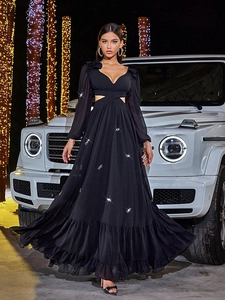 Elegant Black Chiffon Maxi Dress Long Sleeve Deep V Neck Waist Cutout Butterfly Sequin Decoration Ruffle Hem For Party