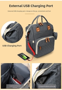 Detail showing grey diaper bag with integrated external USB charging port and cable