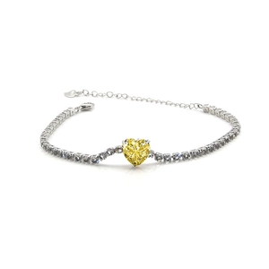 Bracelet en argent avec pierre précieuse jaune en cœur et zircones blanches étincelantes