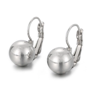 Polished stainless steel round ball leverback earrings in a minimalist silver finish