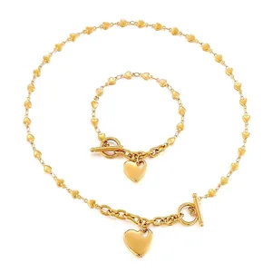 Women Stainless Steel Heart Toggle Clasp Jewelry Set Gold Silver Finish Heart Link Chain Necklace Bracelet Set For Dating Party