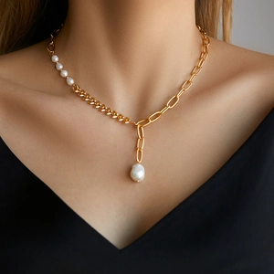 Asymmetric Shell Freshwater Pearl Pendant Necklace Elegant 18K Gold Plated Copper Wheat Spike Chain Fashion Jewelry For Women