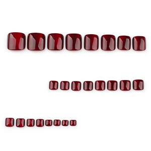 Glossy wine red cat-eye press-on toenails in square shape with a shiny gel finish