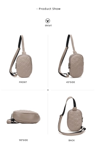 Detailed multi-angle view of taupe star-quilted crossbody fanny pack with black strap