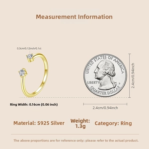 Detailed size comparison of a minimalist gold S925 silver moissanite open ring with a coin