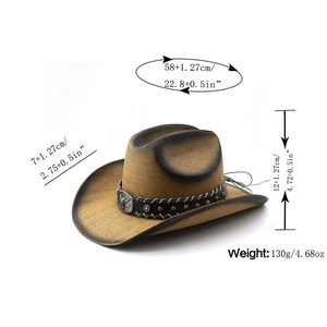 Chapeau de cowboy en paille avec boucle de ceinture tête de taureau et texture tressée